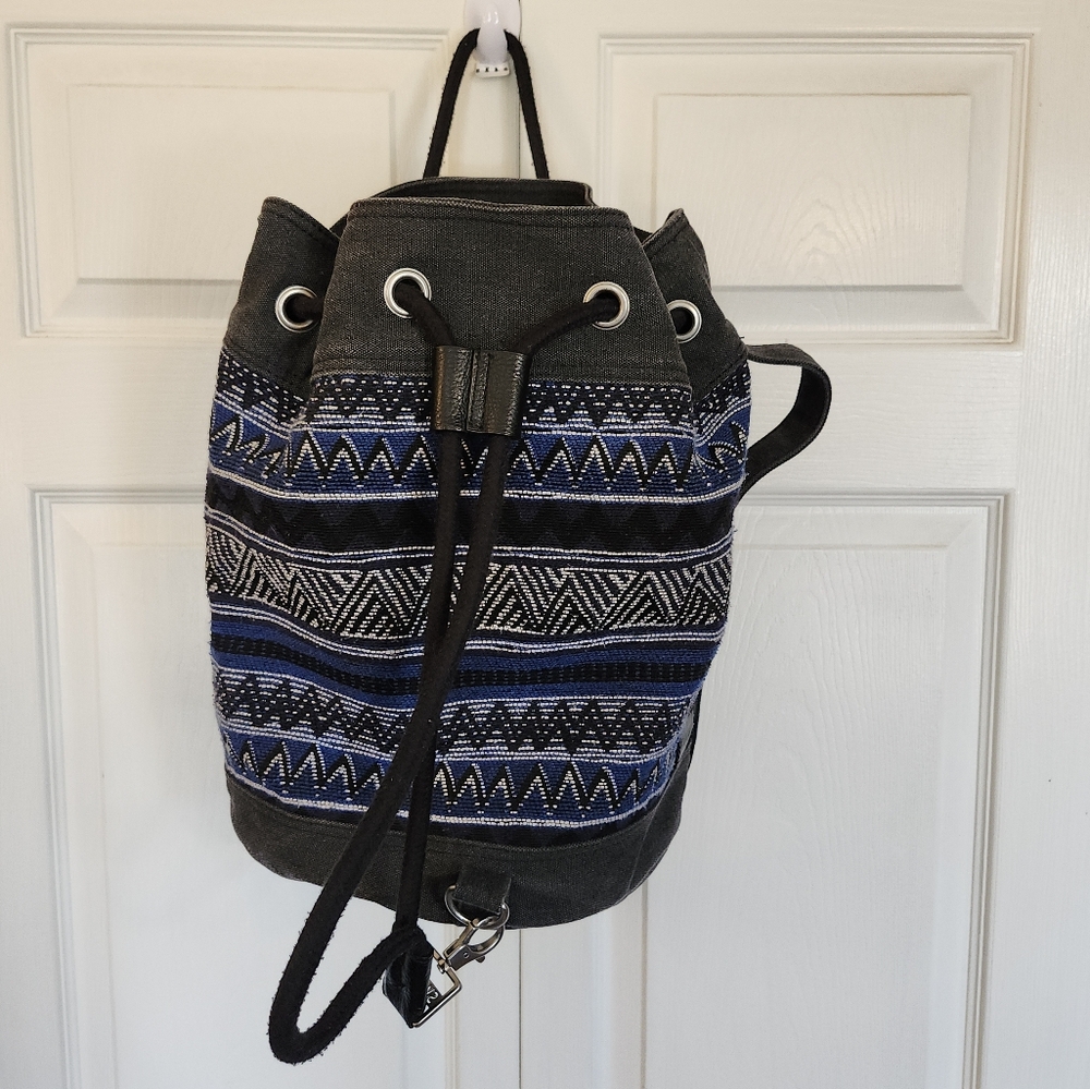 TOMS Drawstring Sling Bucket Barrel Canvas Tote Aztec Tribal Faded Grey/Multi
